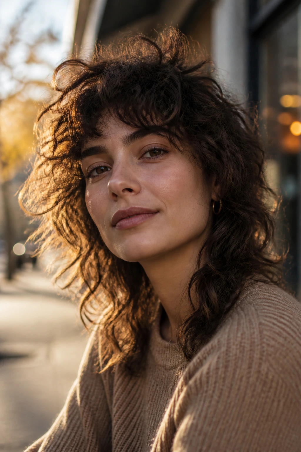 Close-up of a real woman with soft shag-wolf hybrid hairstyle in golden hour light.