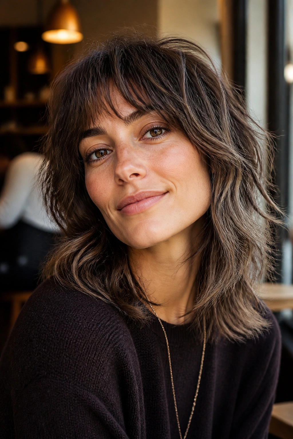Close-up portrait of a real woman with soft shag-wolf hybrid