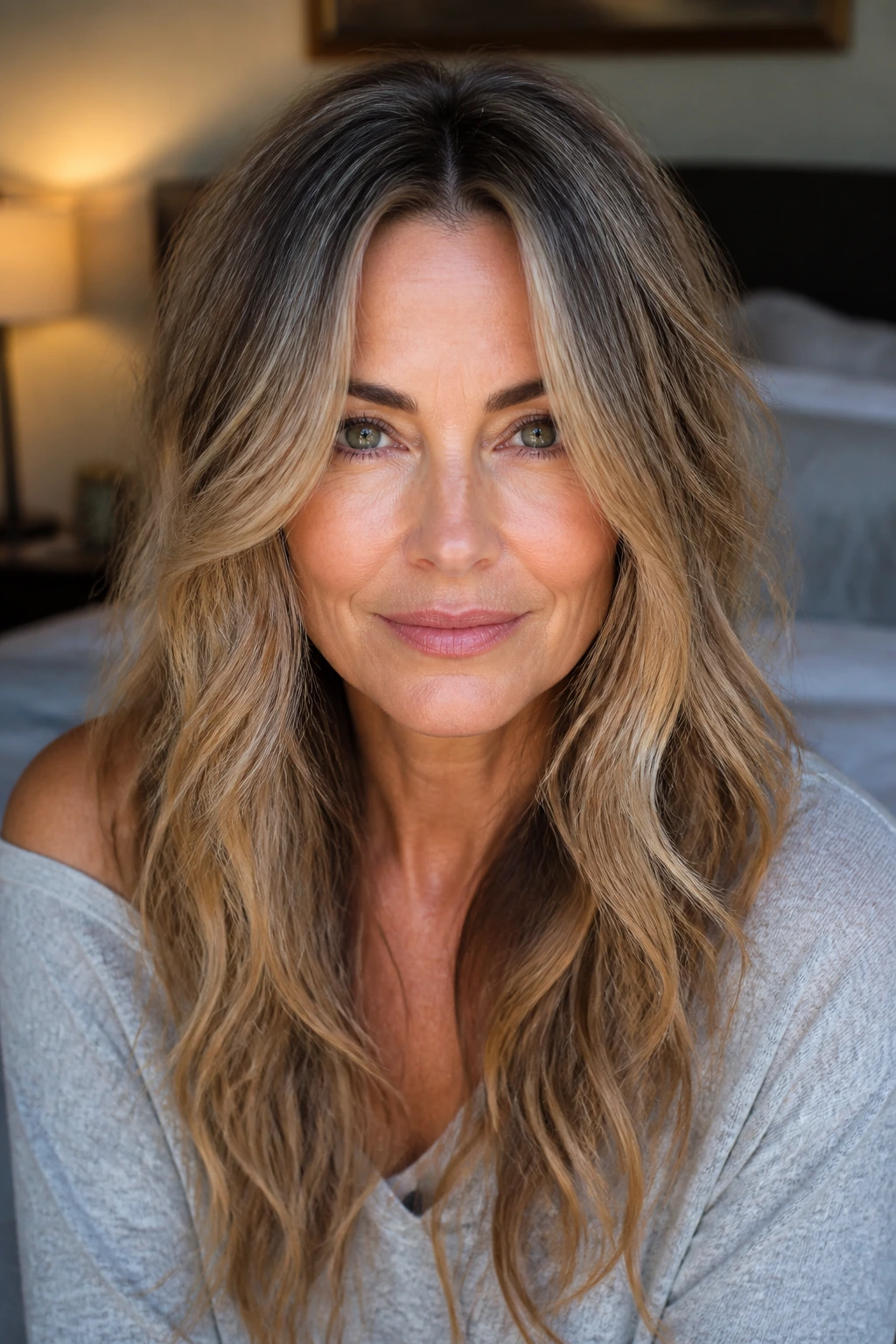 Close-up portrait of a real woman with soft shaggy layers and a center-part hairstyle, natural light.