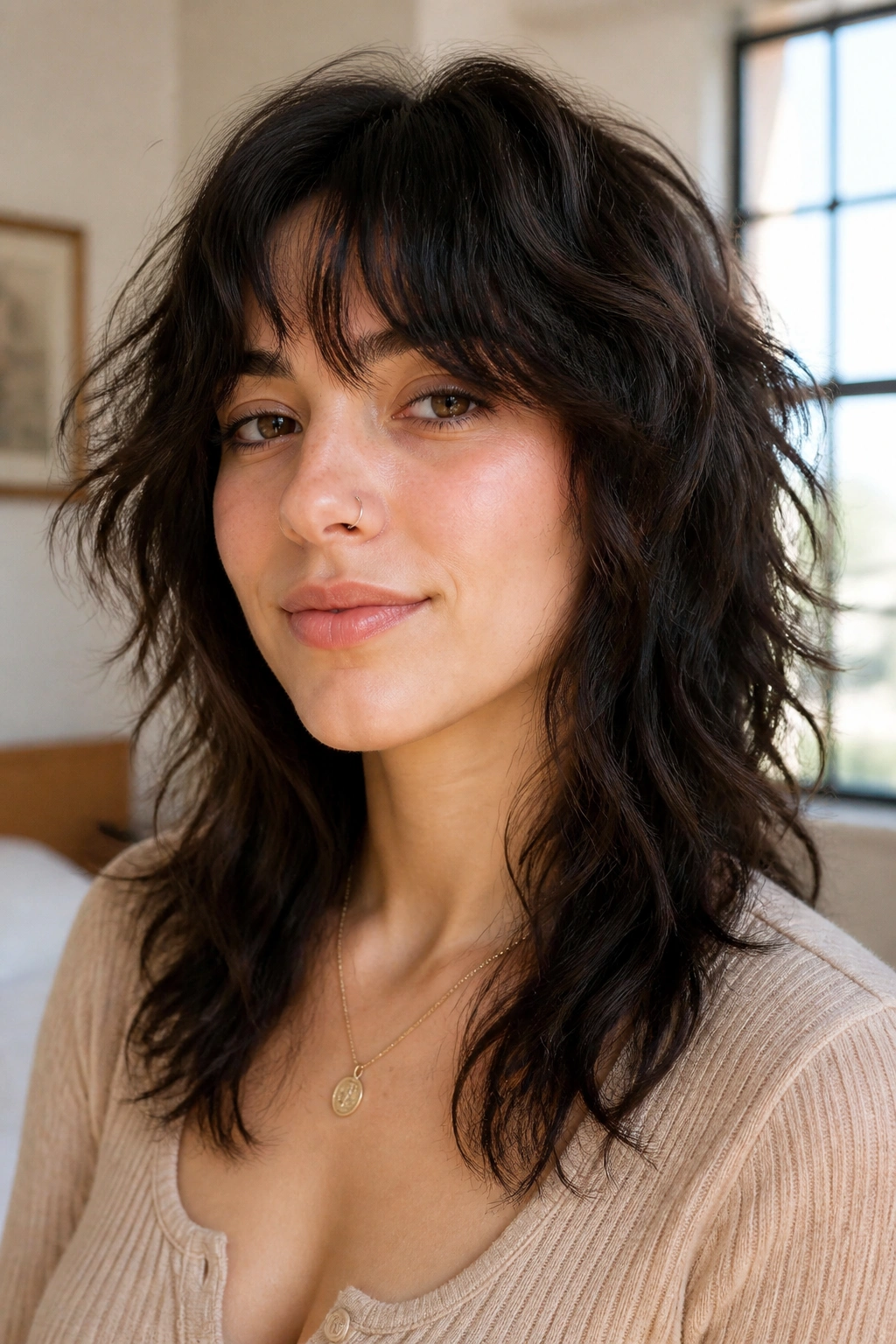 Portrait of real person with soft shaggy wolf cut, relaxed texture and natural movement.
