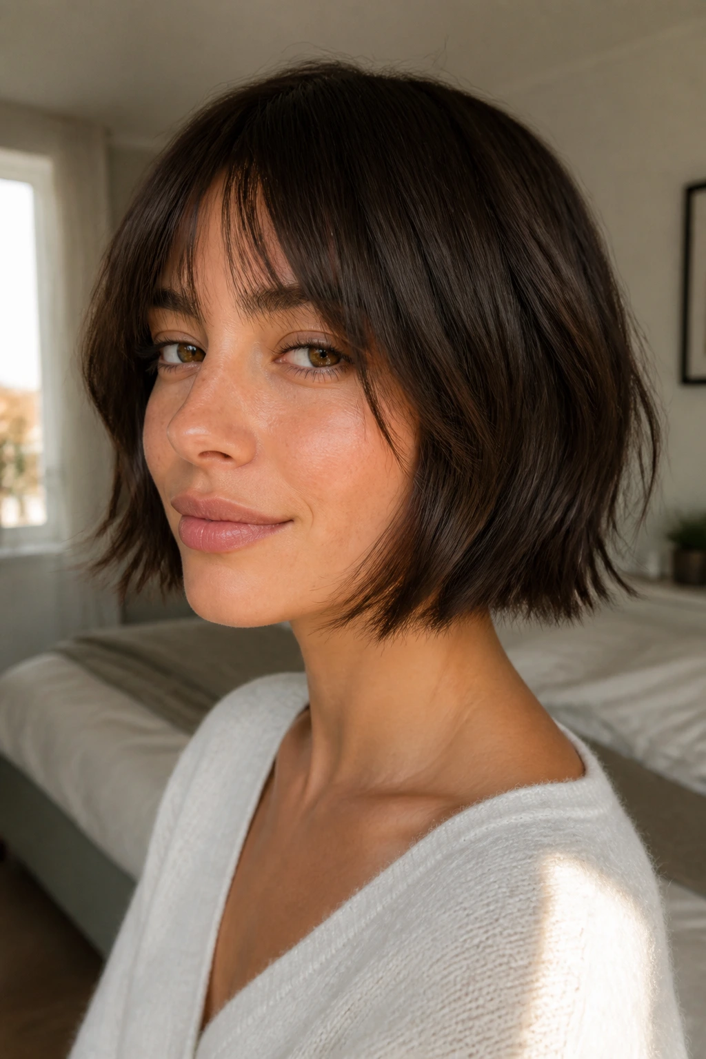 Close-up portrait of a real woman with a soft-shattered French bob showing light texture at the ends.