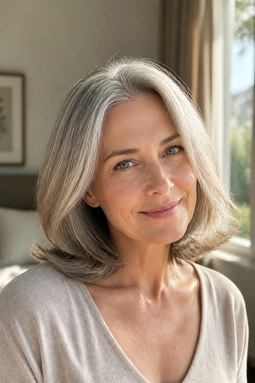 Close-up portrait of a real woman with shoulder-length hair flipped outward at the ends