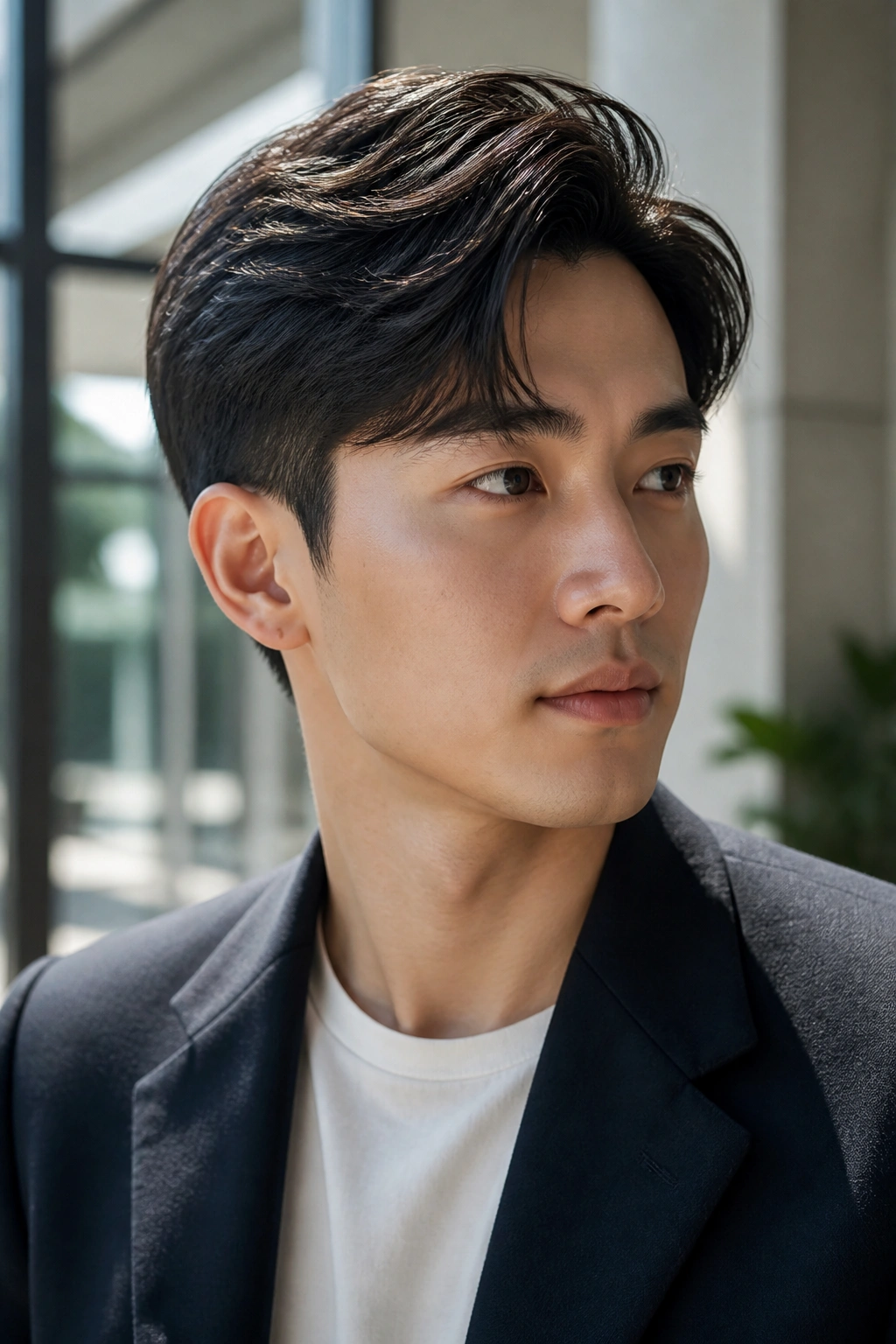 Close-up of a real Asian man with a soft side part and tapered sides