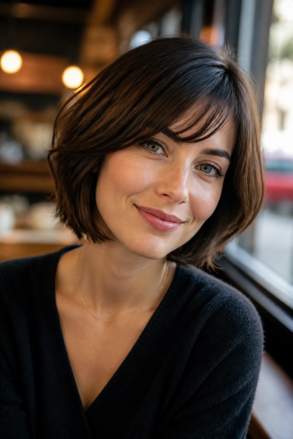Close-up of a real woman with a soft side-part bob and airy bangs in sunlit setting