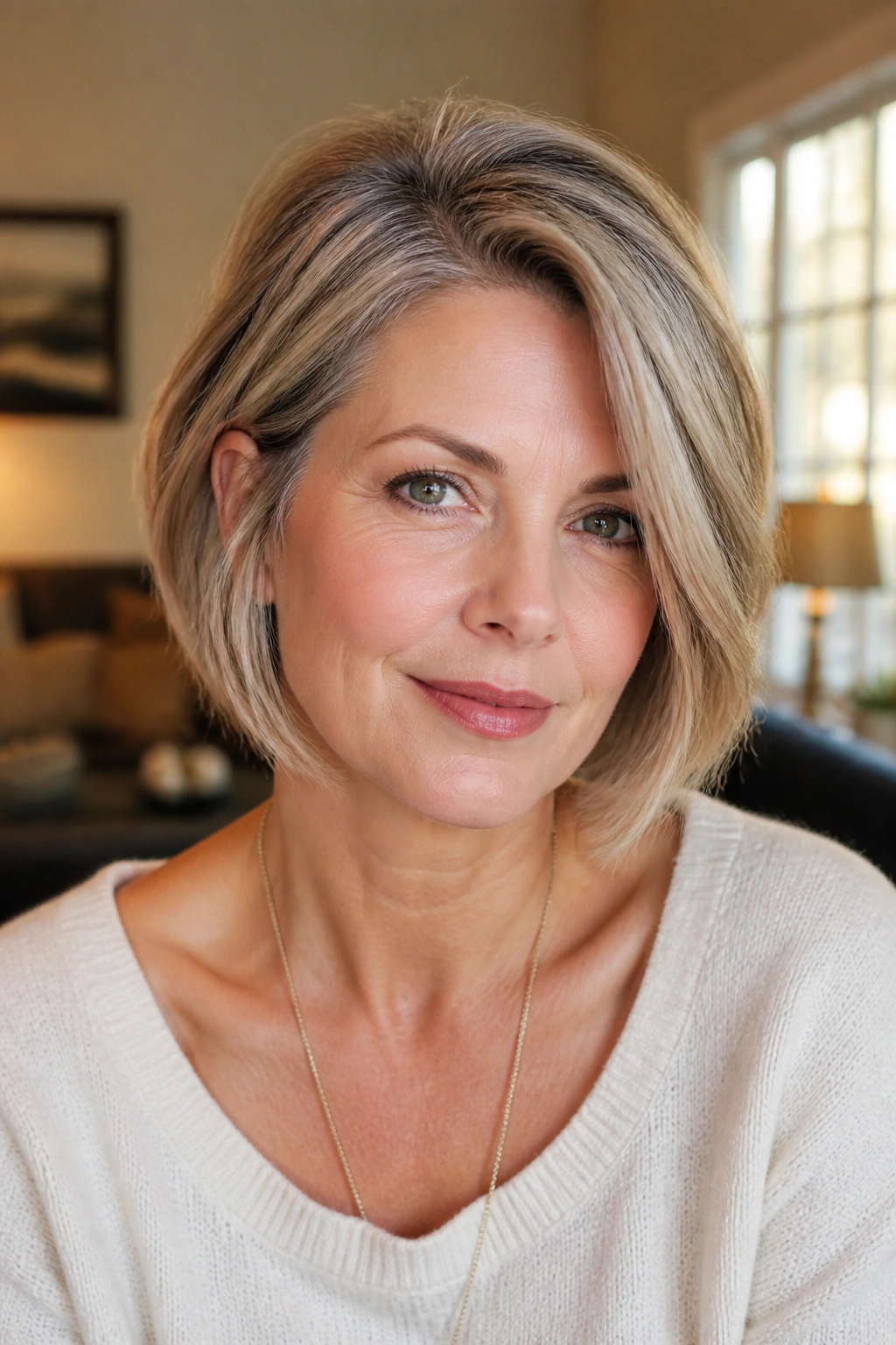 Close-up of a real middle-aged woman with a soft side-part bob