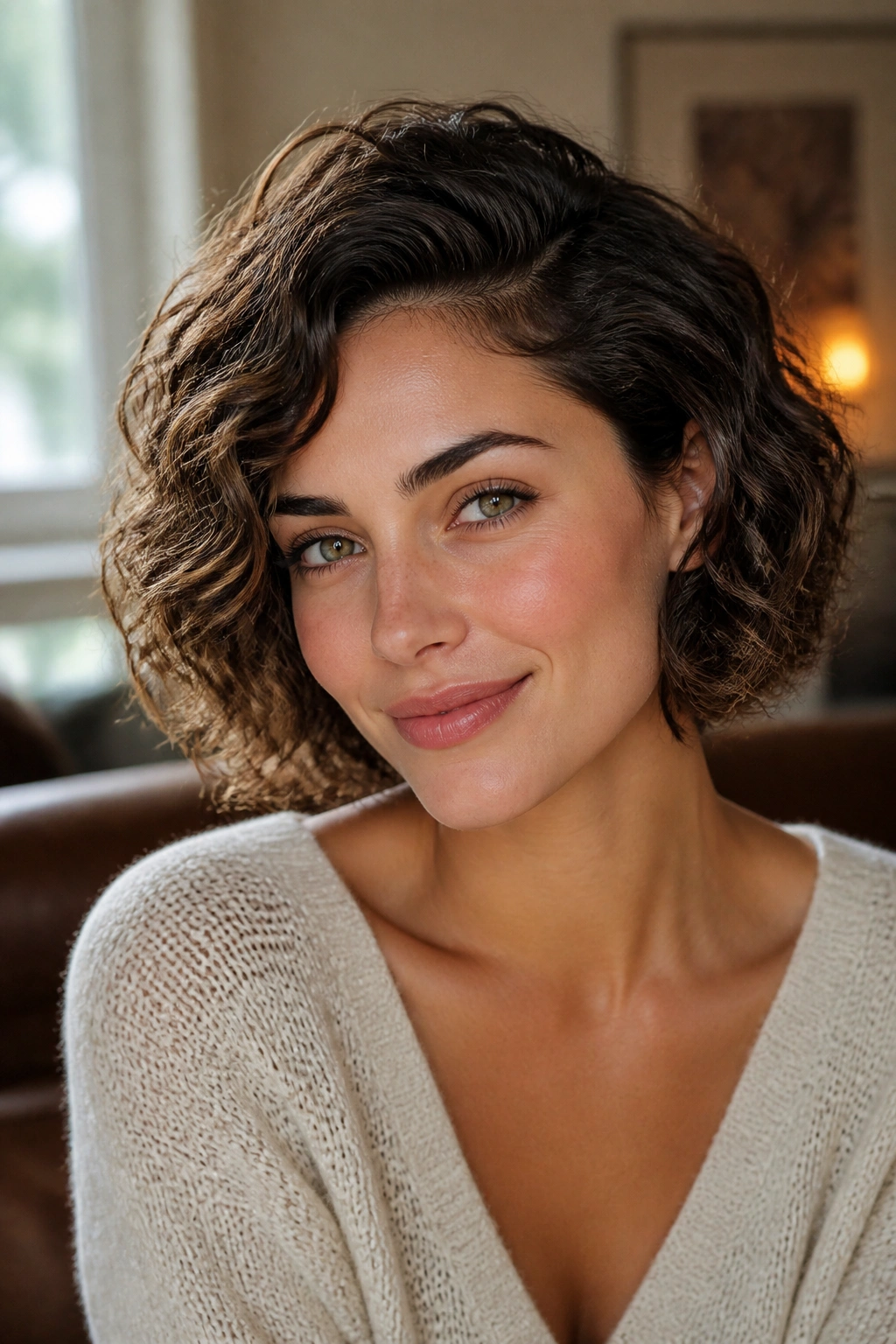 Close-up portrait of a real woman with a soft side-parted curly bob framing the cheeks in warm window light