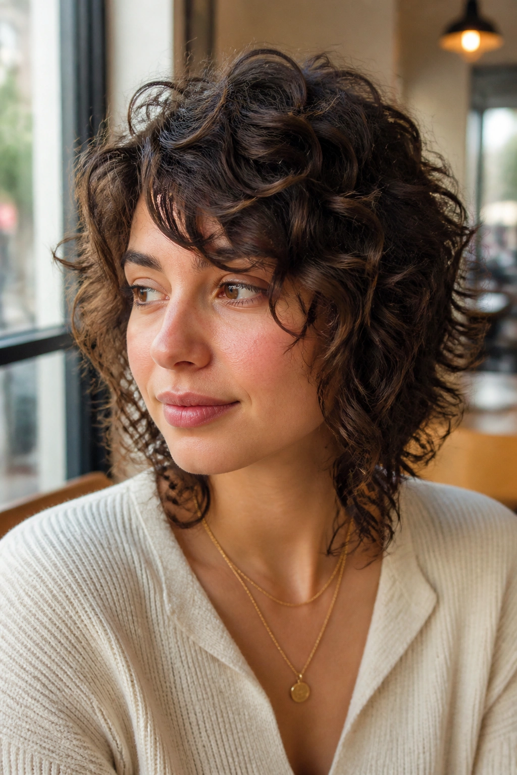 Portrait of a real woman with a soft side-part shag and curling around the jaw