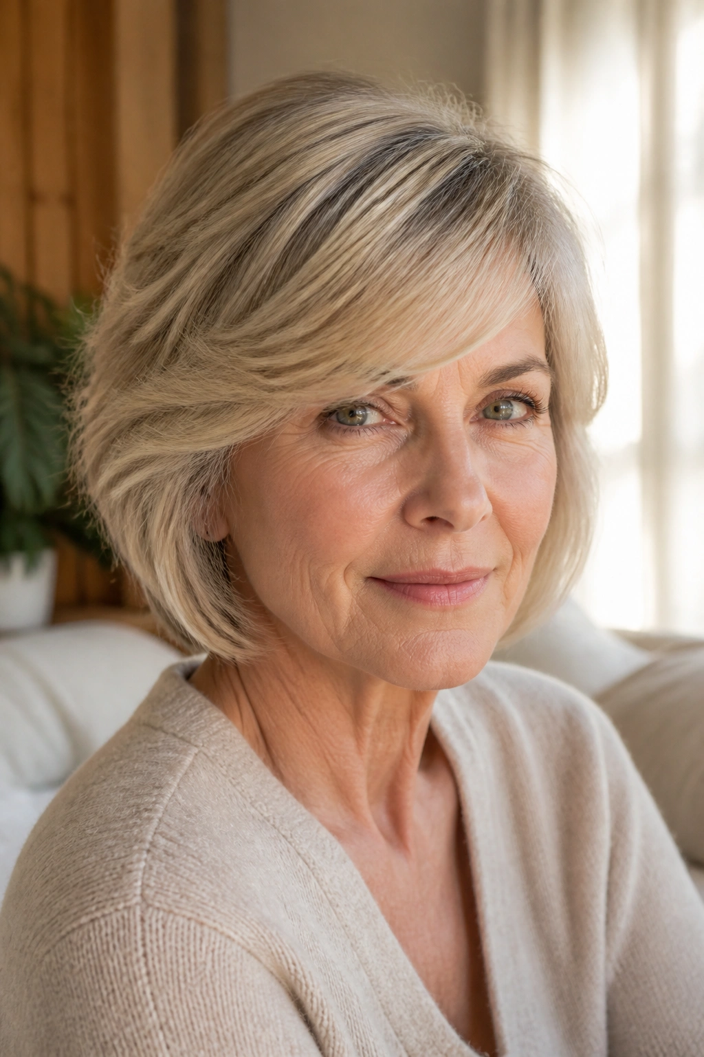 Close-up portrait of a woman with soft side-swept bangs in warm window light
