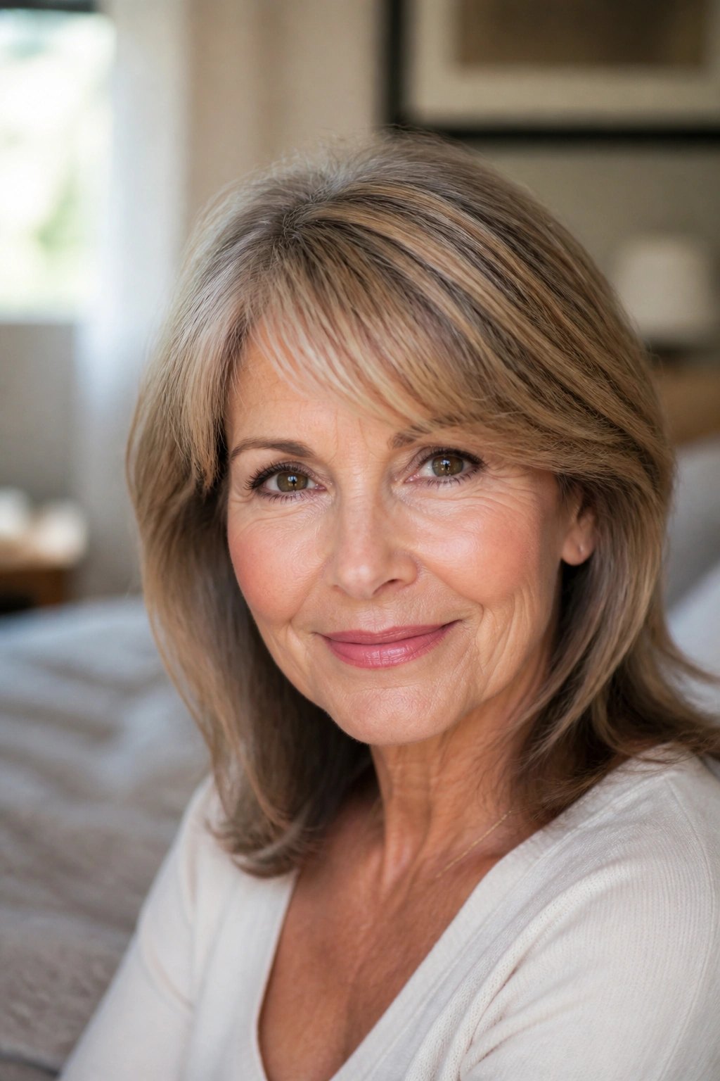 Close-up portrait of an older woman with soft side-swept bangs under warm window light