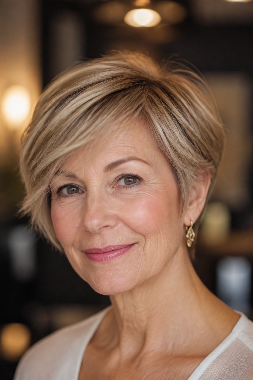 Close-up of a real woman with a long pixie bob and soft side-swept layers