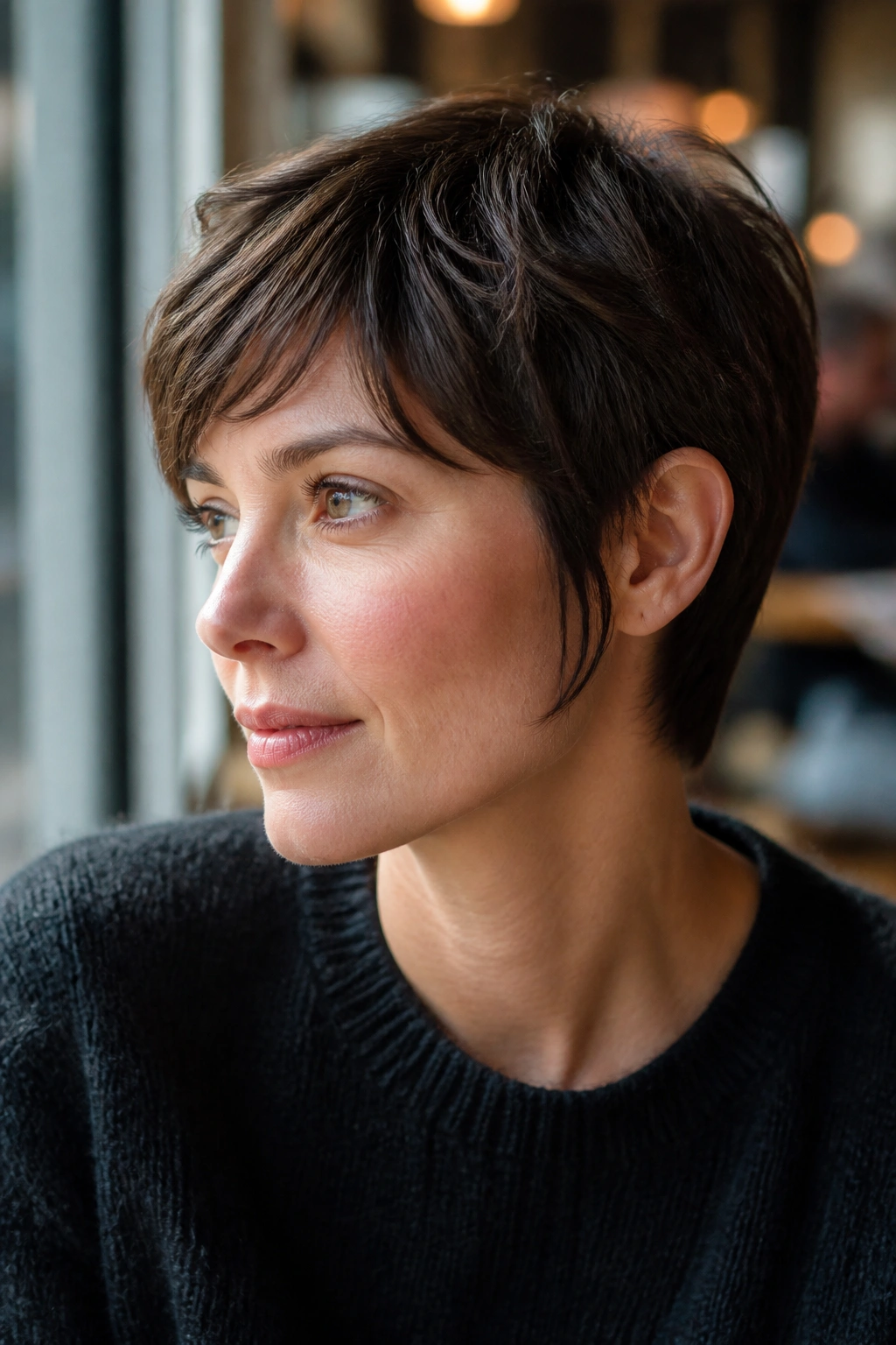 Close-up portrait of a real woman with soft sideburns on a long pixie in warm cafe light