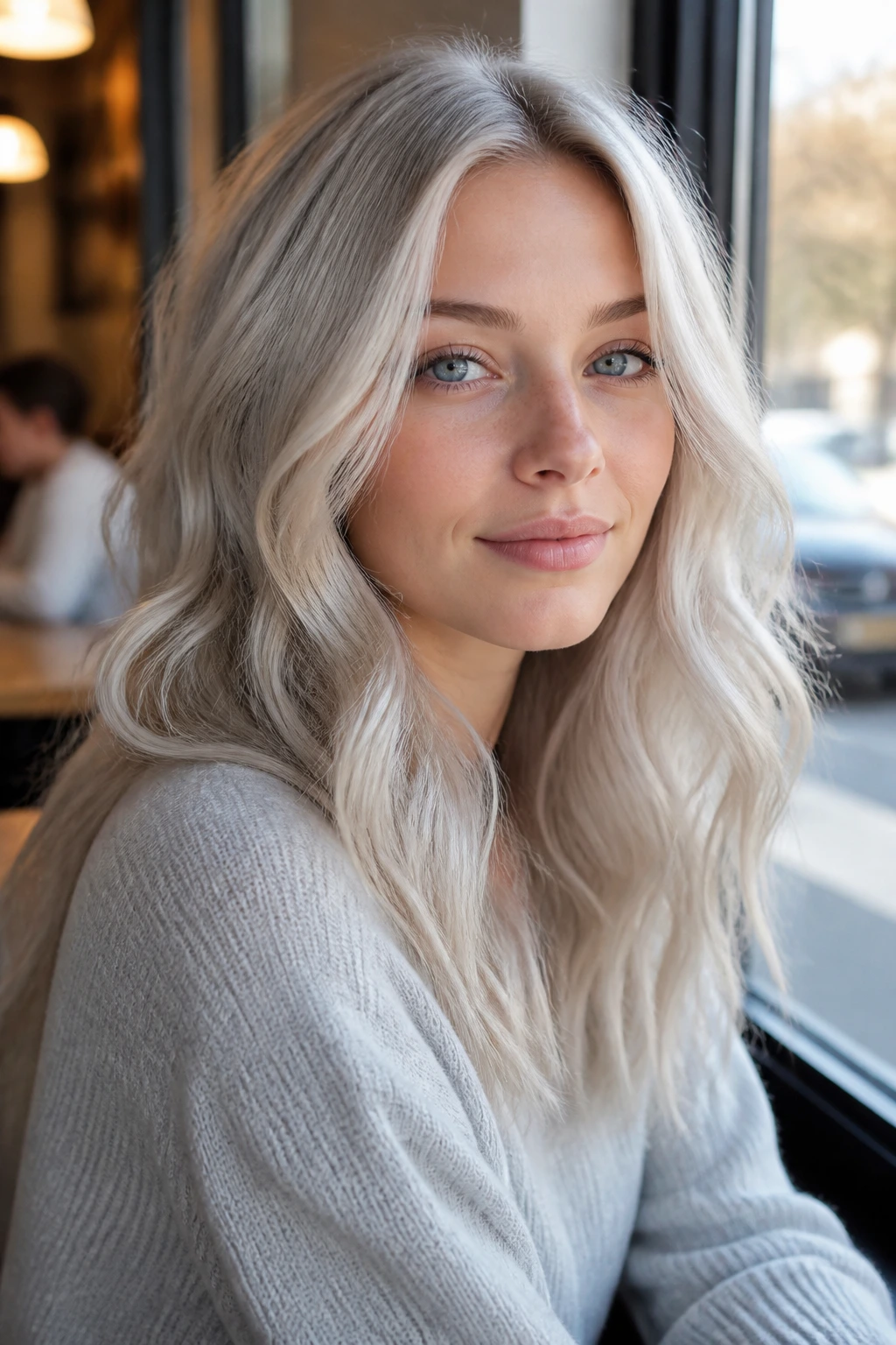 Portrait of a woman with soft silver blonde hair in natural cafe lighting.