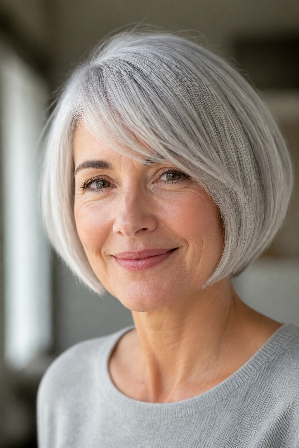 Real person with soft silver bob and side-swept fringe