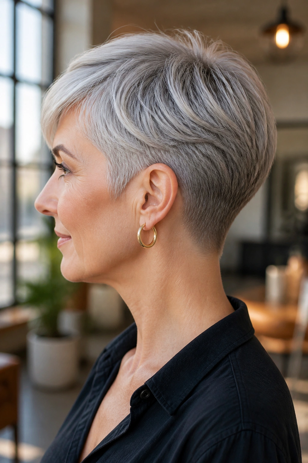 Side-profile of a real person with a soft silver crop and tapered nape