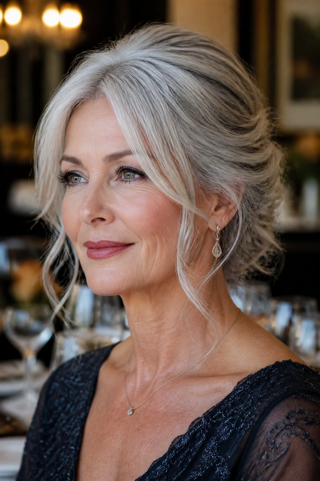 Close-up of a gray-haired woman with a soft silver updo and loose face-framing pieces