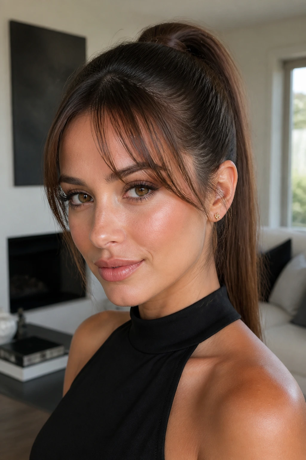 Close-up portrait of a woman with soft split bangs and a sleek ponytail in natural light