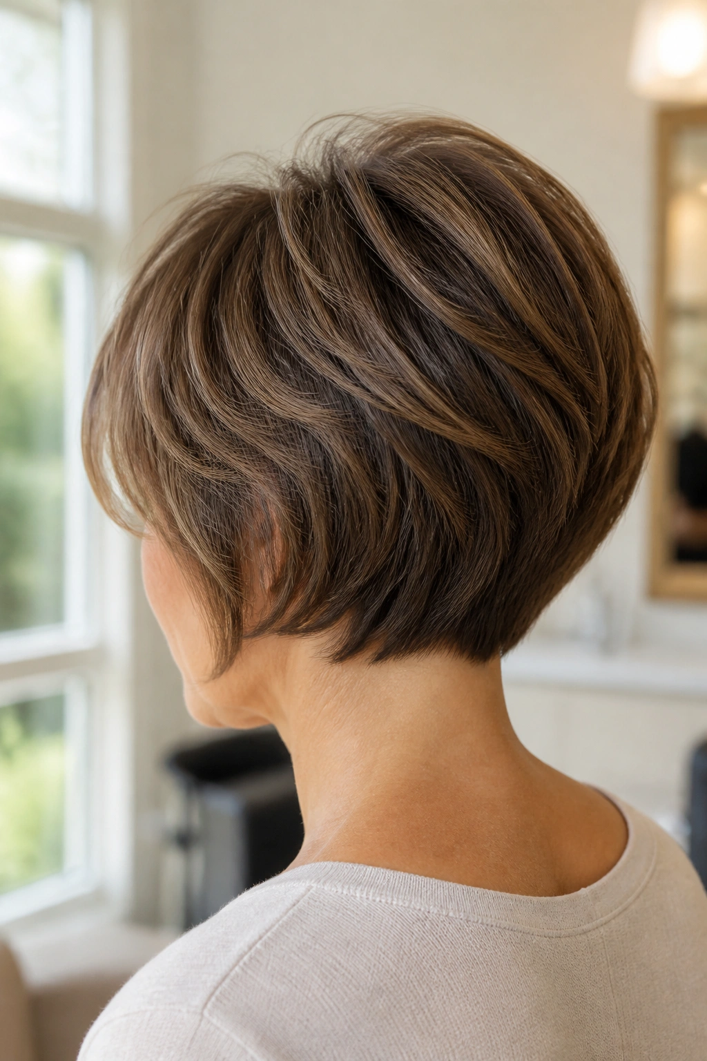 Rear three-quarter portrait of a real woman with a soft stacked bob and lifted crown
