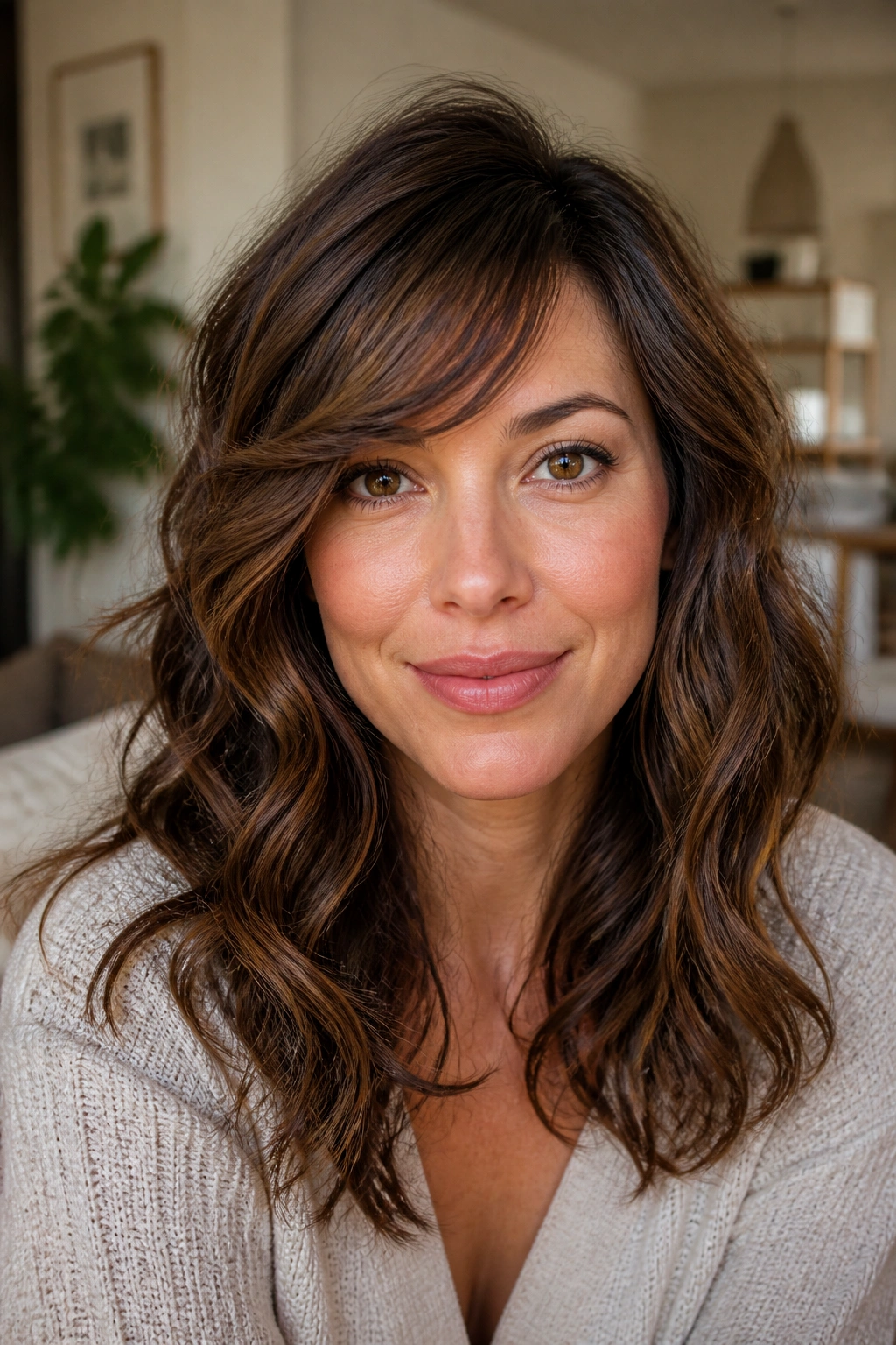 Close-up portrait of a woman with soft swoop bangs and loose waves
