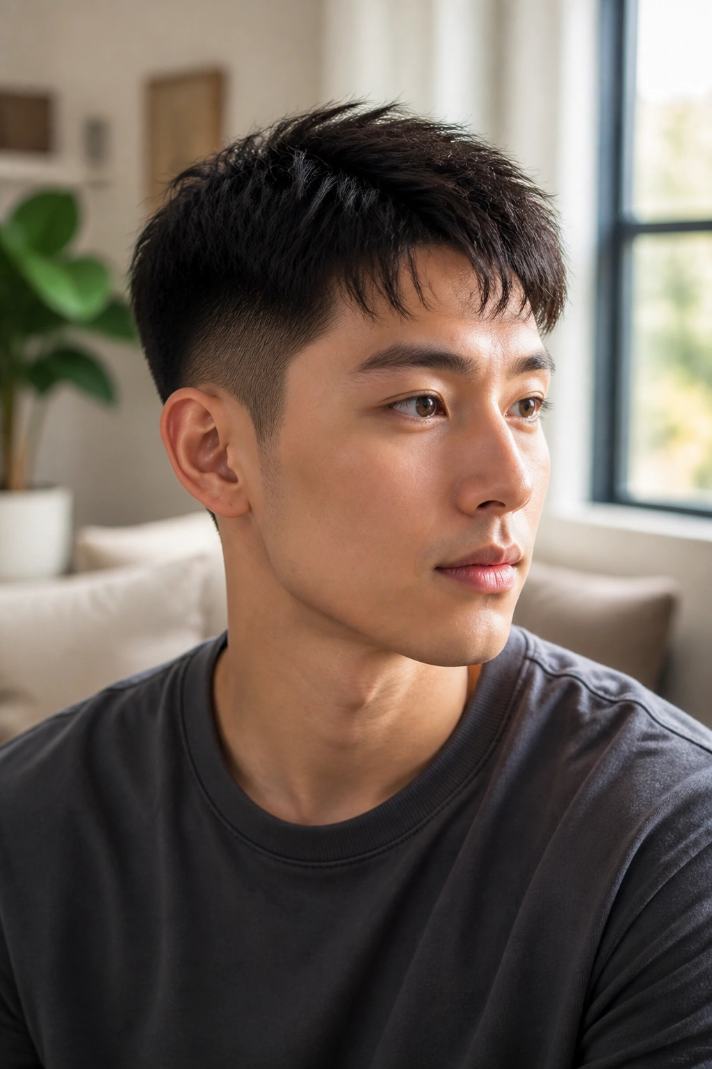 Close-up of a real man with Soft Taper Crop hairstyle in a bright living room