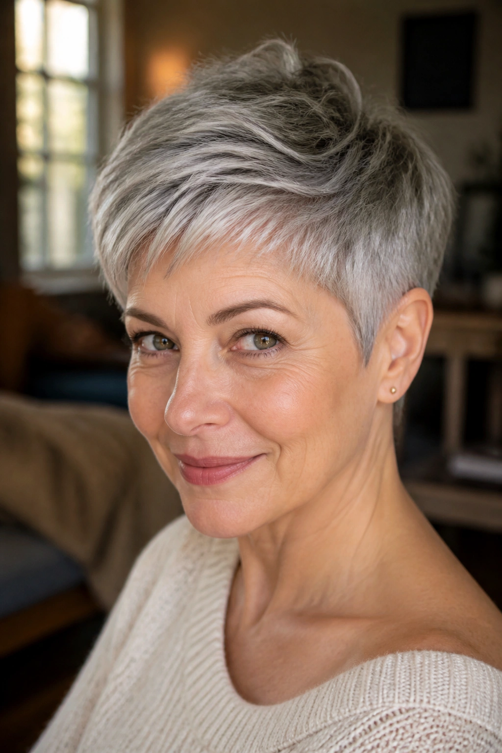 Close-up portrait of a real woman with a soft taper pixie haircut, showing tapered sides and a longer top in natural window light