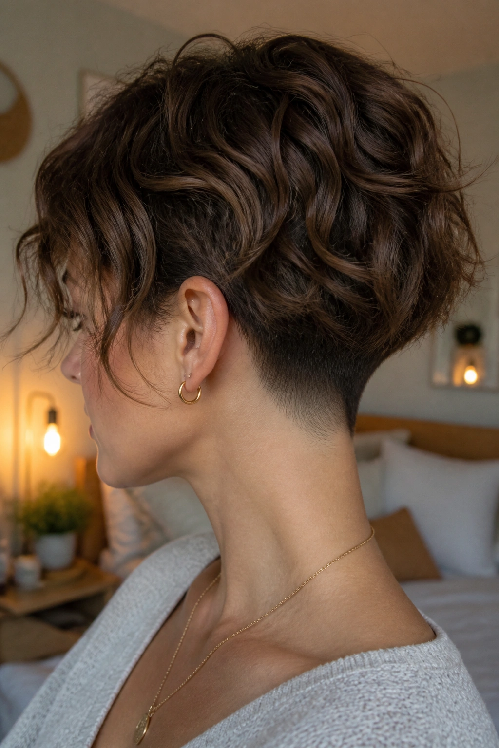 Close-up of a real woman with a soft taper undercut for wavy hair in a cozy bedroom