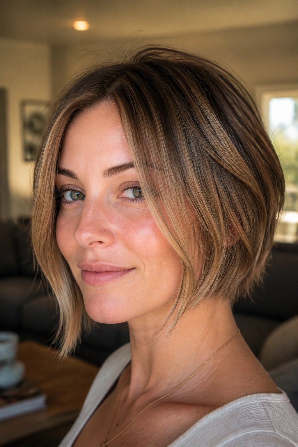 Close-up of a real woman with a softly tapered bob and long face-framing pieces