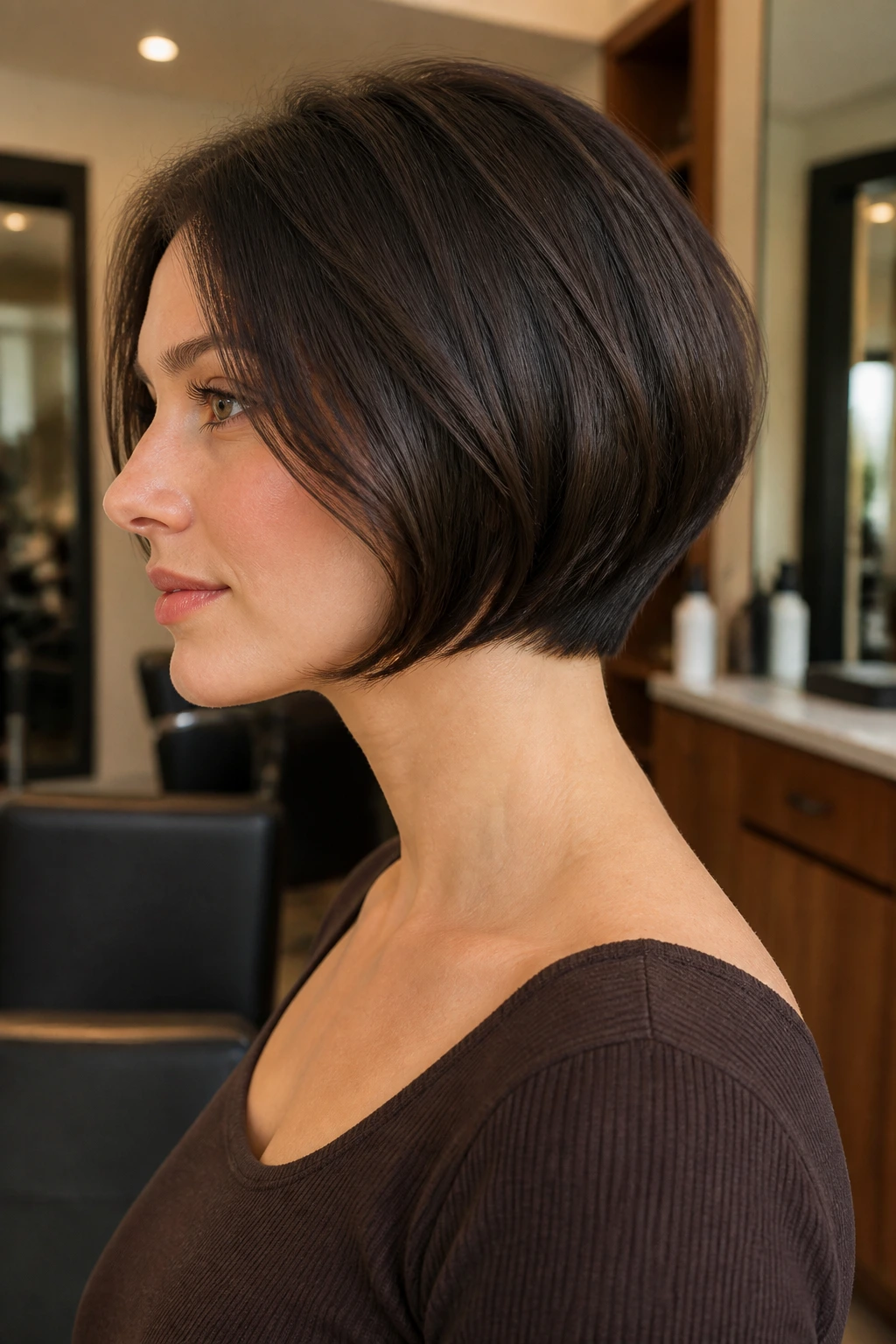 Close-up portrait of a real woman with a soft-tapered bob narrowing toward the nape in a warm salon