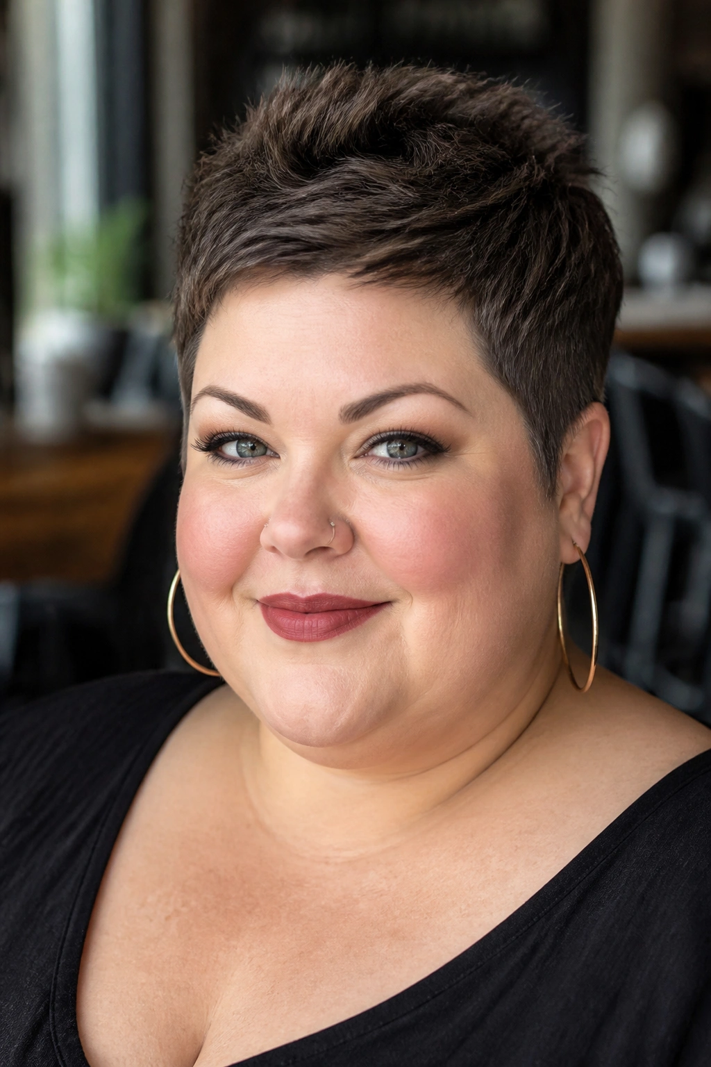 Close-up portrait of a real woman with a soft tapered crop for plus-size hair.