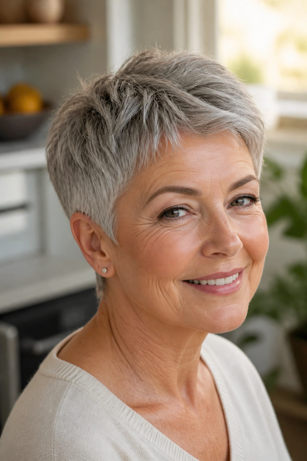 Close-up of a real woman with a soft tapered crop hairstyle