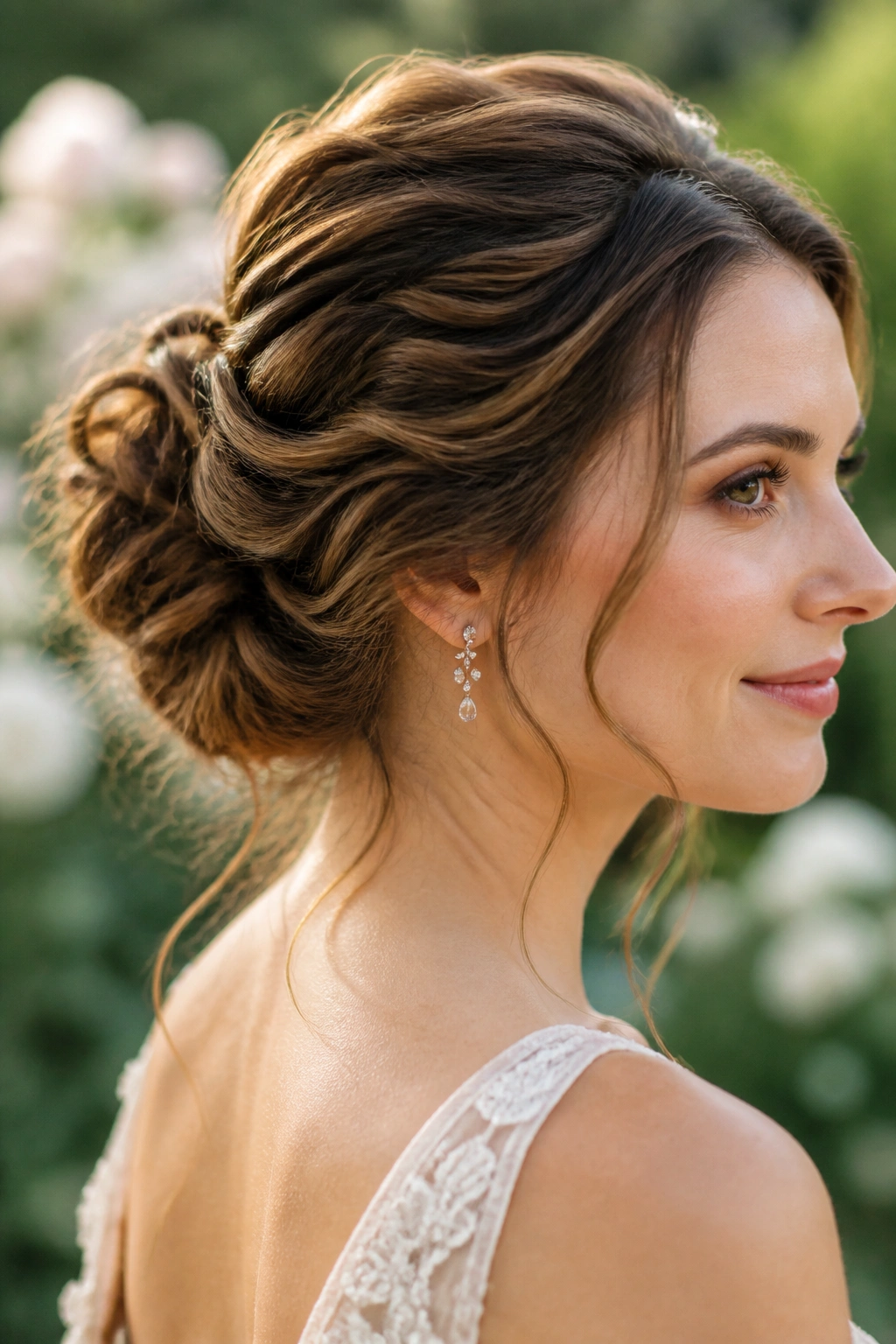 Close-up of a real woman with a soft textured updo in natural garden light