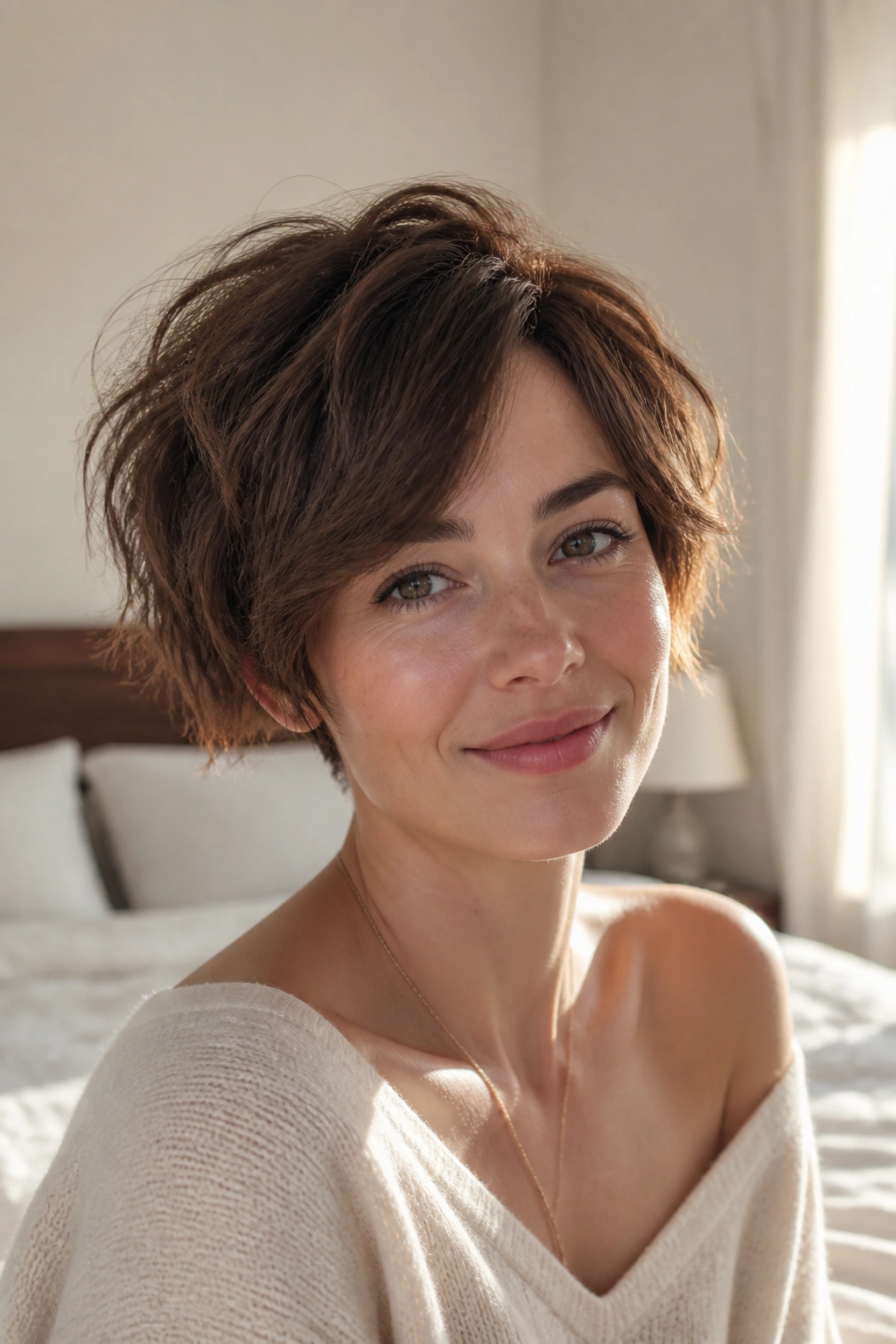 Close-up portrait of a real woman with soft tousled pixie bob and piecey finish in morning light