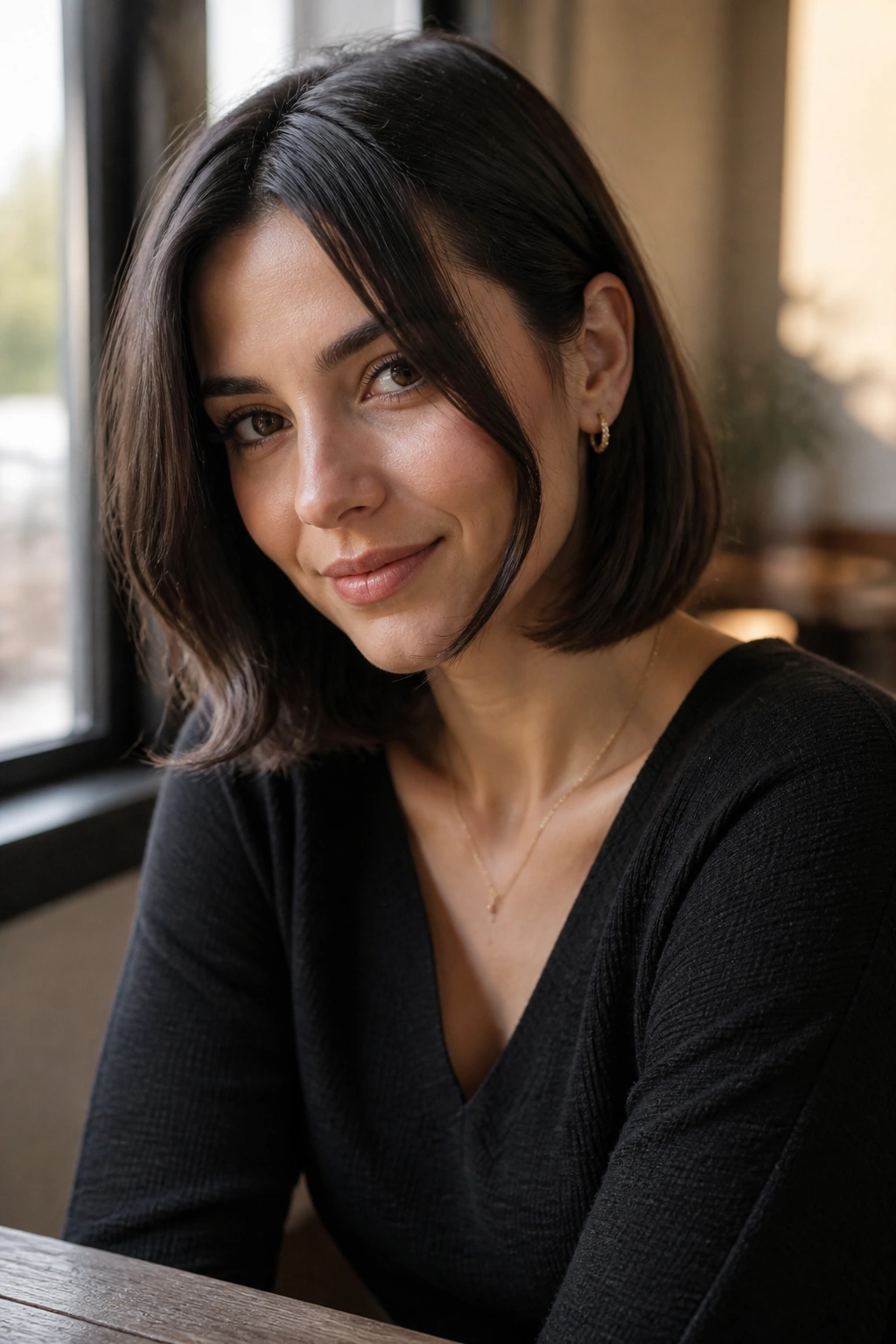 Close-up of a woman with soft tucked lob and face-framing ends tucked behind ear