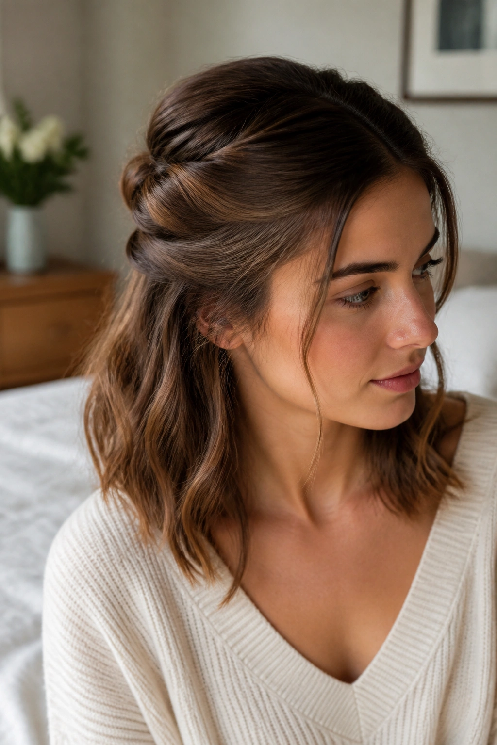 Close-up of a real woman wearing Soft Twist-Back Half Updo for Medium Hair, two twists at the crown.