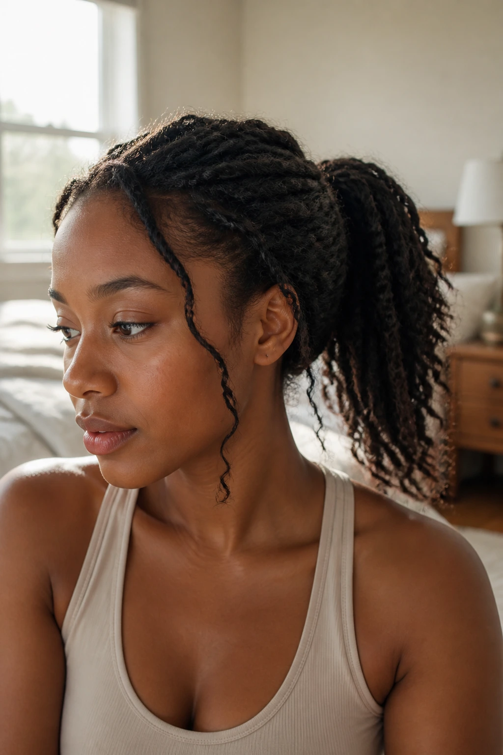 Close-up of real woman with soft twist ponytail on a quiet morning in a bedroom.