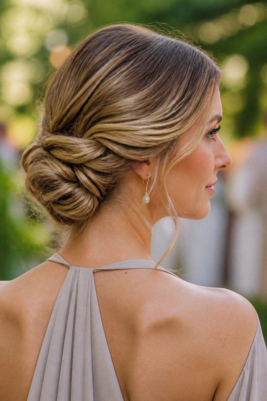 Close-up of a real woman wearing a soft twisted low chignon at the nape