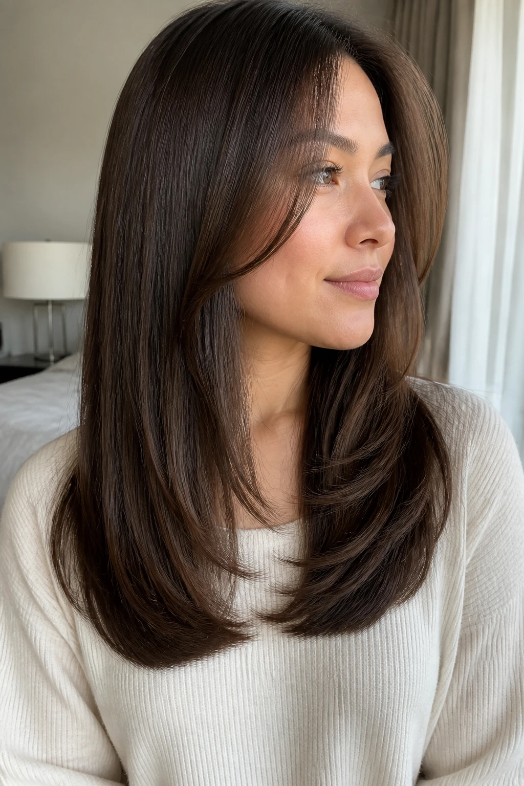 Close-up of real woman with soft U-shaped layered hair framing the face