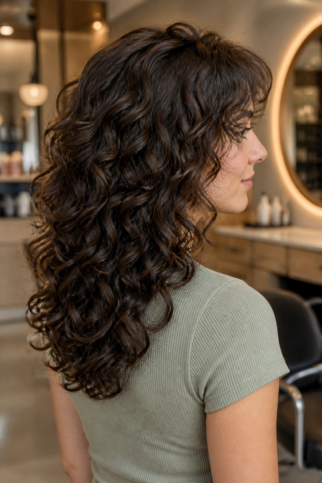 Close-up of real person with soft U-shape curly wolf cut and smooth silhouette.