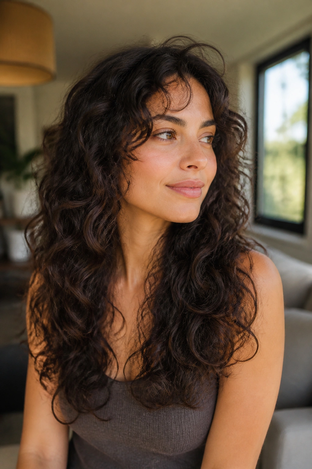 Portrait of a woman with soft U-shaped layered haircut maintaining length.