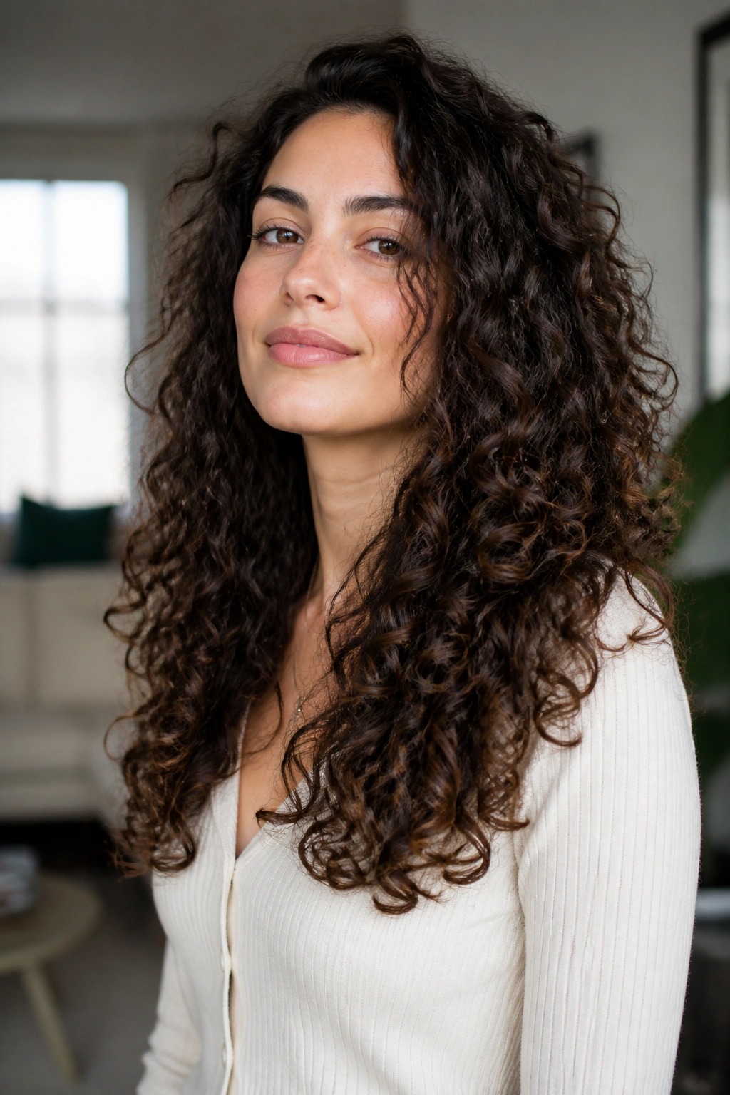 Close-up portrait of a real woman with a soft U-shaped long cut, thick curls, warm window light