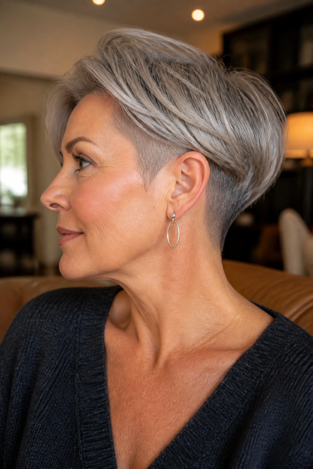 Close-up of a real woman with a soft undercut in warm living room light