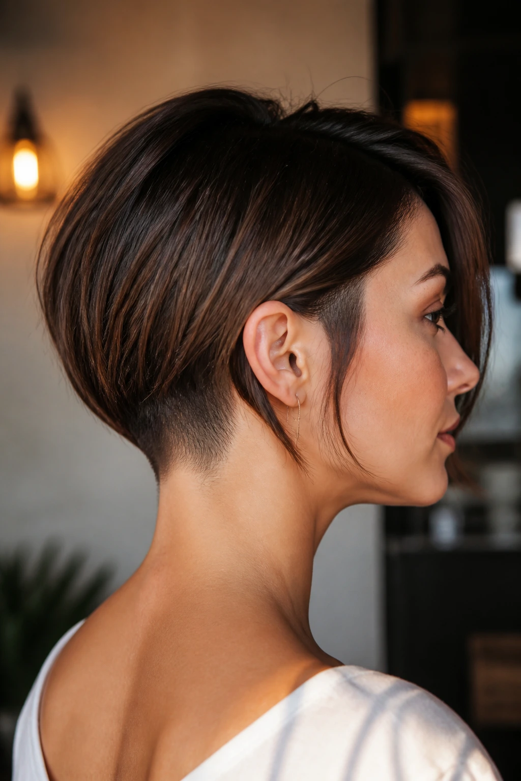 Close-up of real woman with soft undercut bob.