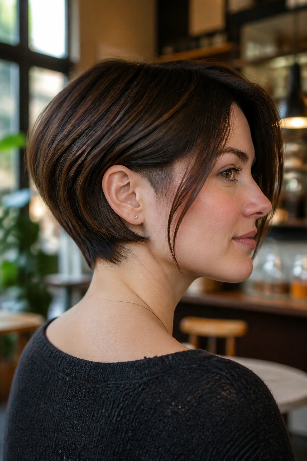 Close-up of a real person with a soft undercut bob visible at the nape in natural light