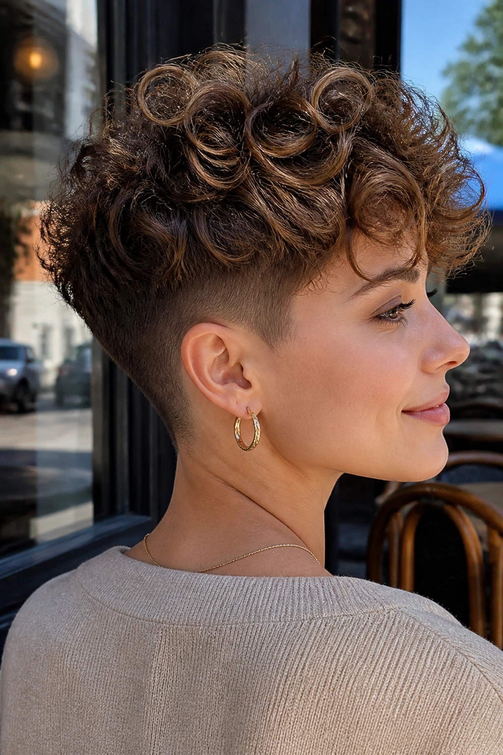 Portrait of a woman showing a soft undercut with thick curly pixie top