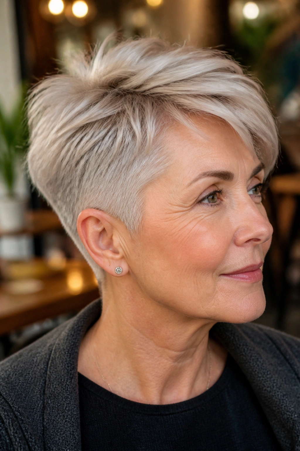 Real woman wearing a soft undercut pixie in a gentle cafe setting