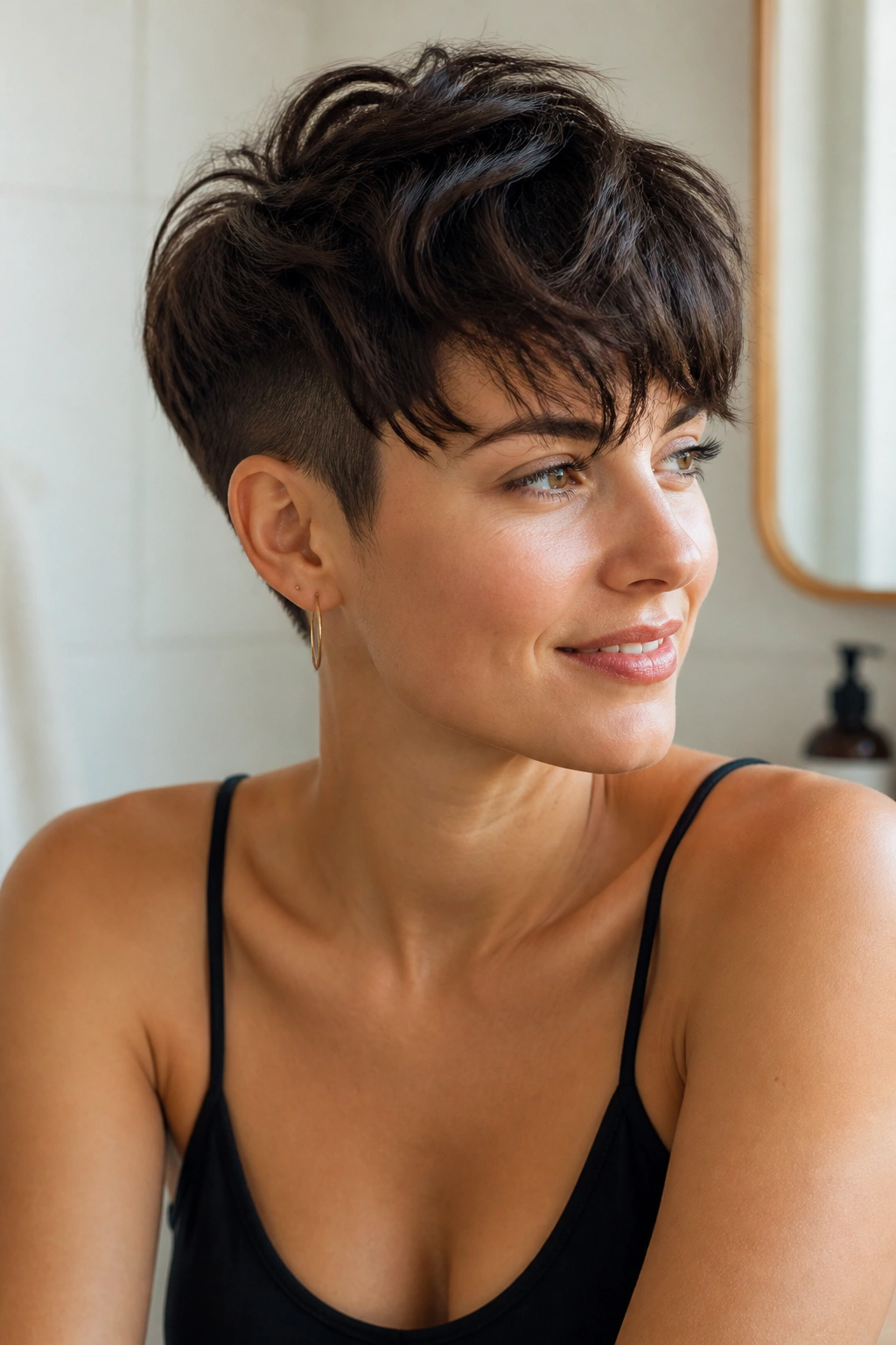 Close-up portrait of woman with soft undercut pixie featuring long top and subtle fringe