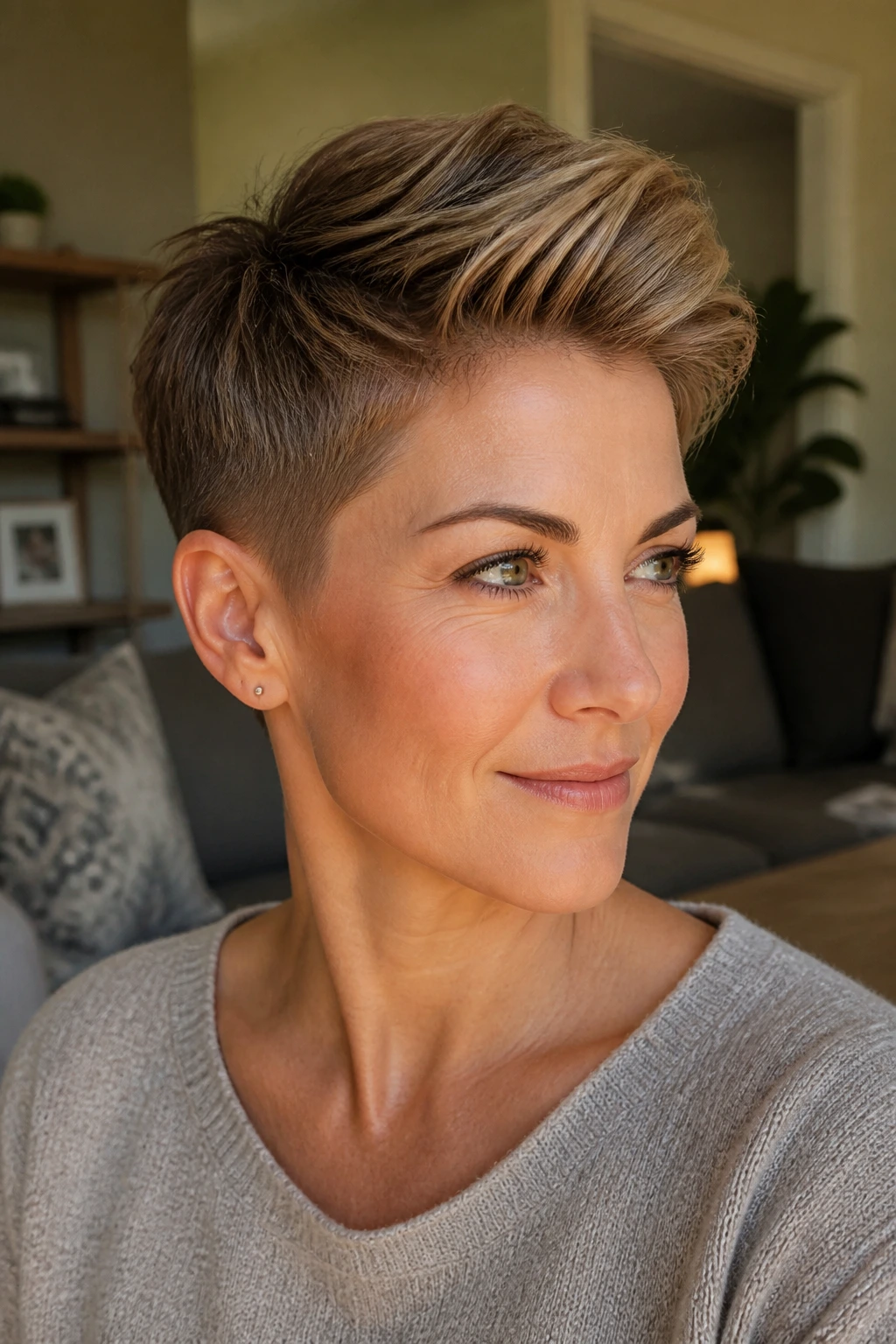 Close-up of a real woman with a soft undercut pixie
