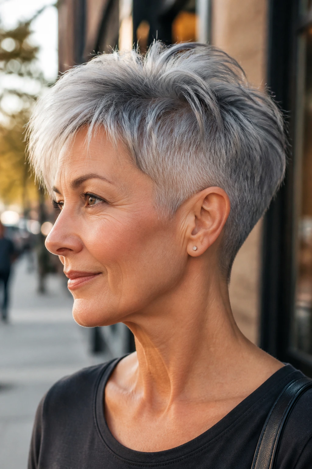 Close-up of a real woman with a soft undercut pixie in gray hair