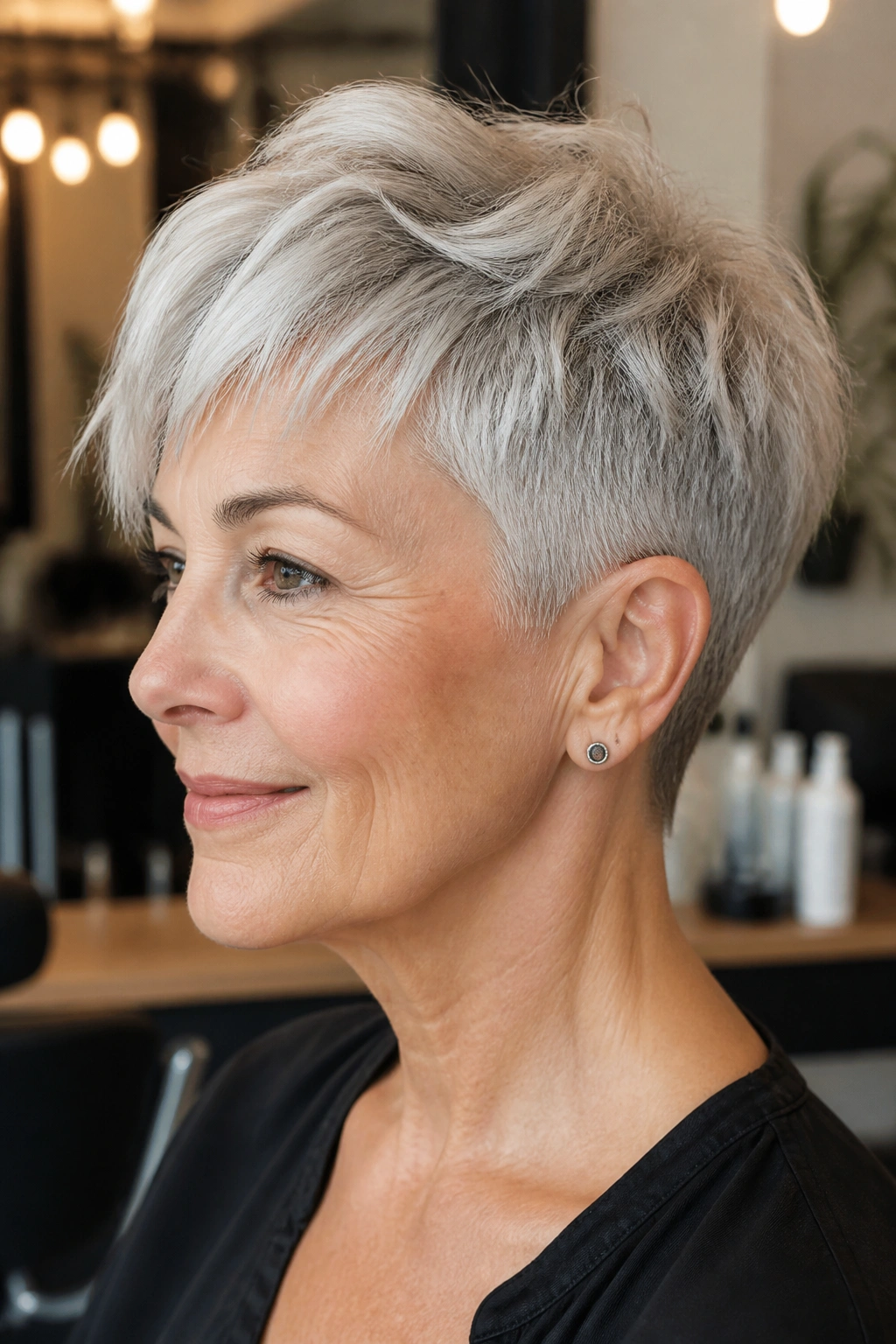 Close-up portrait of a woman with a soft undercut pixie showing top length and hidden undercut