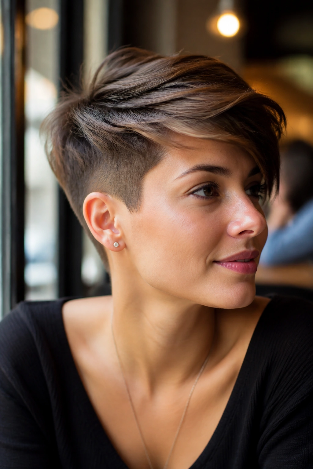 Close-up portrait of a real woman with a soft undercut pixie