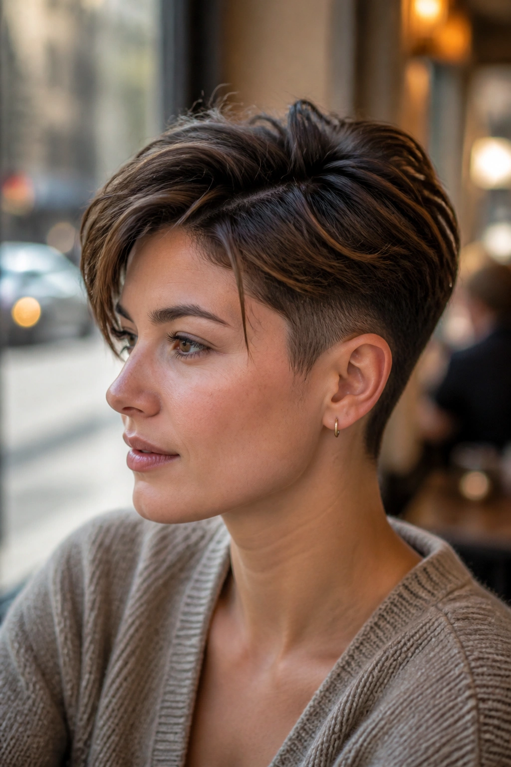 Real woman with a soft undercut pixie, top longer and back nape shaved subtly